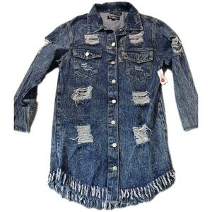 Thrill Womens Denim Duster/Dress Small Distressed Ripped Long Jean Jacket